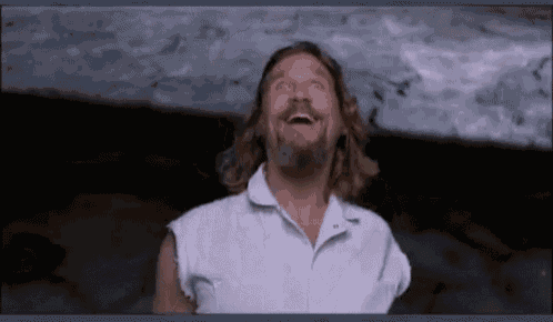 The Dude from The Big Lebowski pointing at a rug